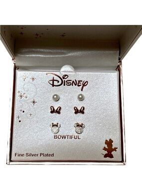 Disney Minnie Mouse Bowtiful 3-Pair Earring Set Silver Plated NWT